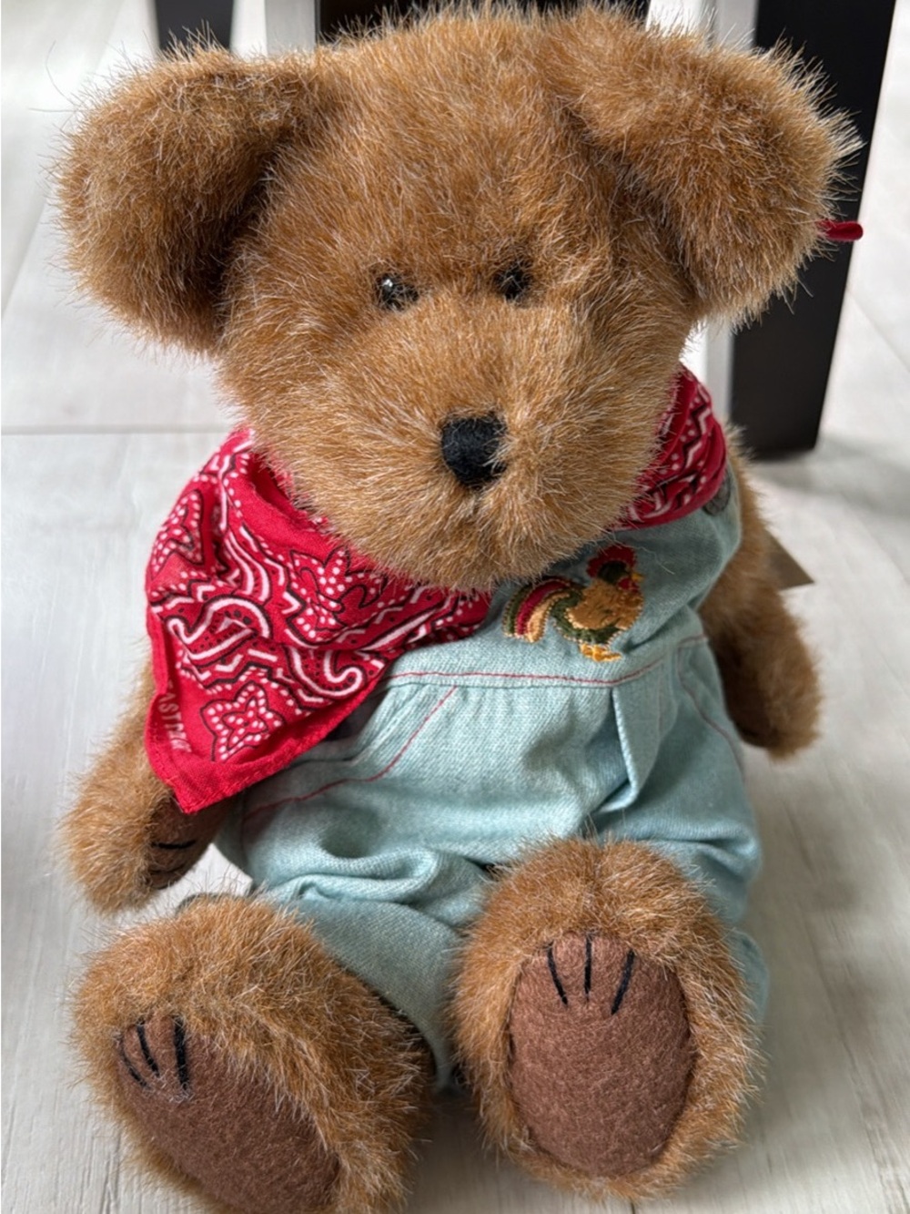 Plush Boyds Teddy Bear with Red Bandana and Light Blue Overalls with Rooster New